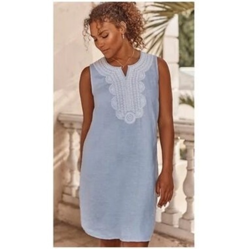J. Jill Dress Love Linen S Blue Embroidered Beaded Shift Sleeveless Pockets